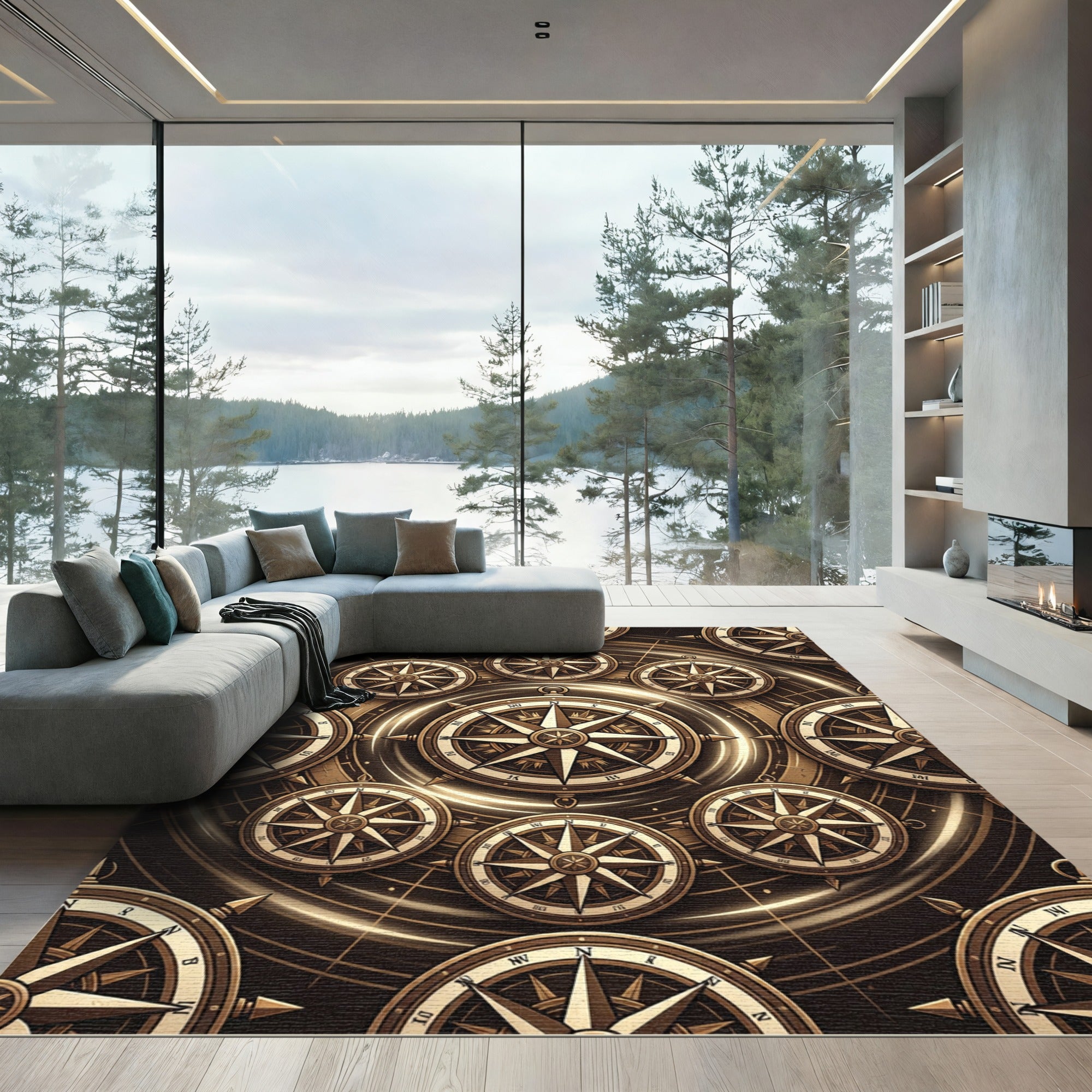 Vintage Compass Rose Golden Swirl Rug