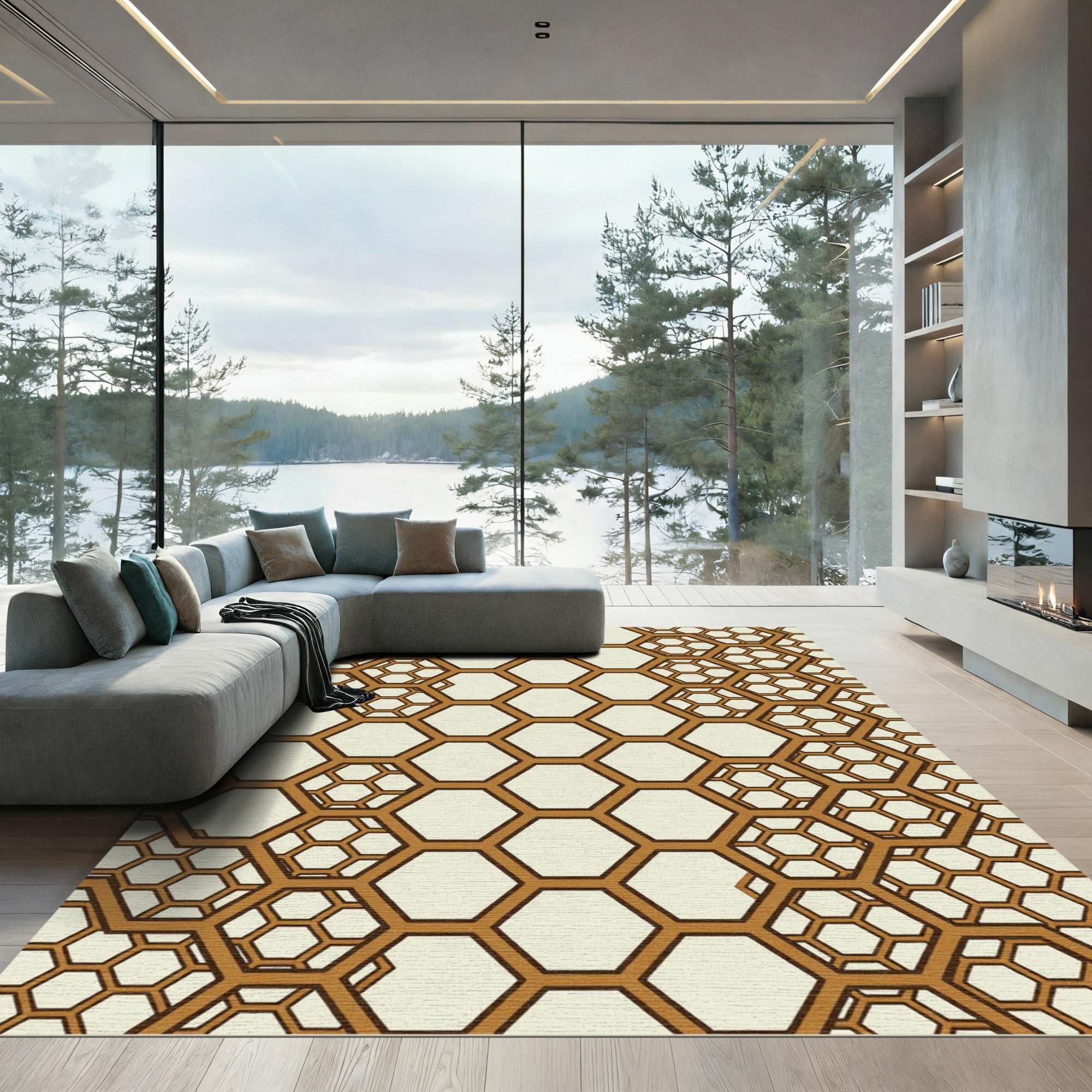 Amber Geometric Honeycomb Structure Rug