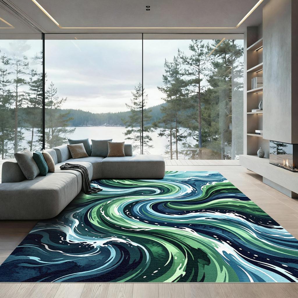 Ethereal Sage and Deep Teal Swirling Waves Rug