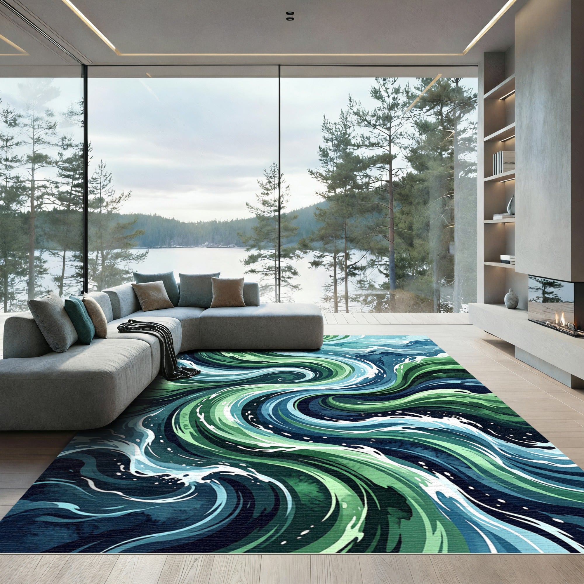 Ethereal Sage and Deep Teal Swirling Waves Rug