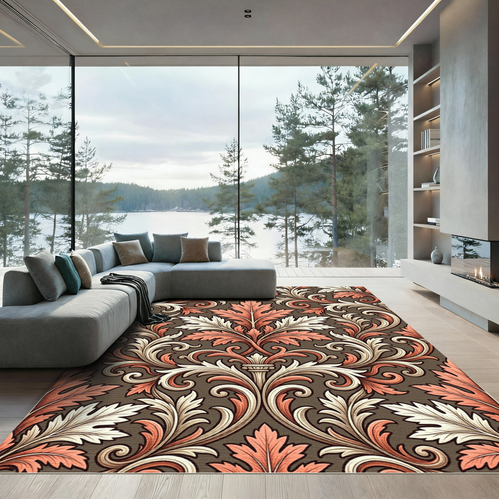 Coral White Leaf Scroll Work Rug