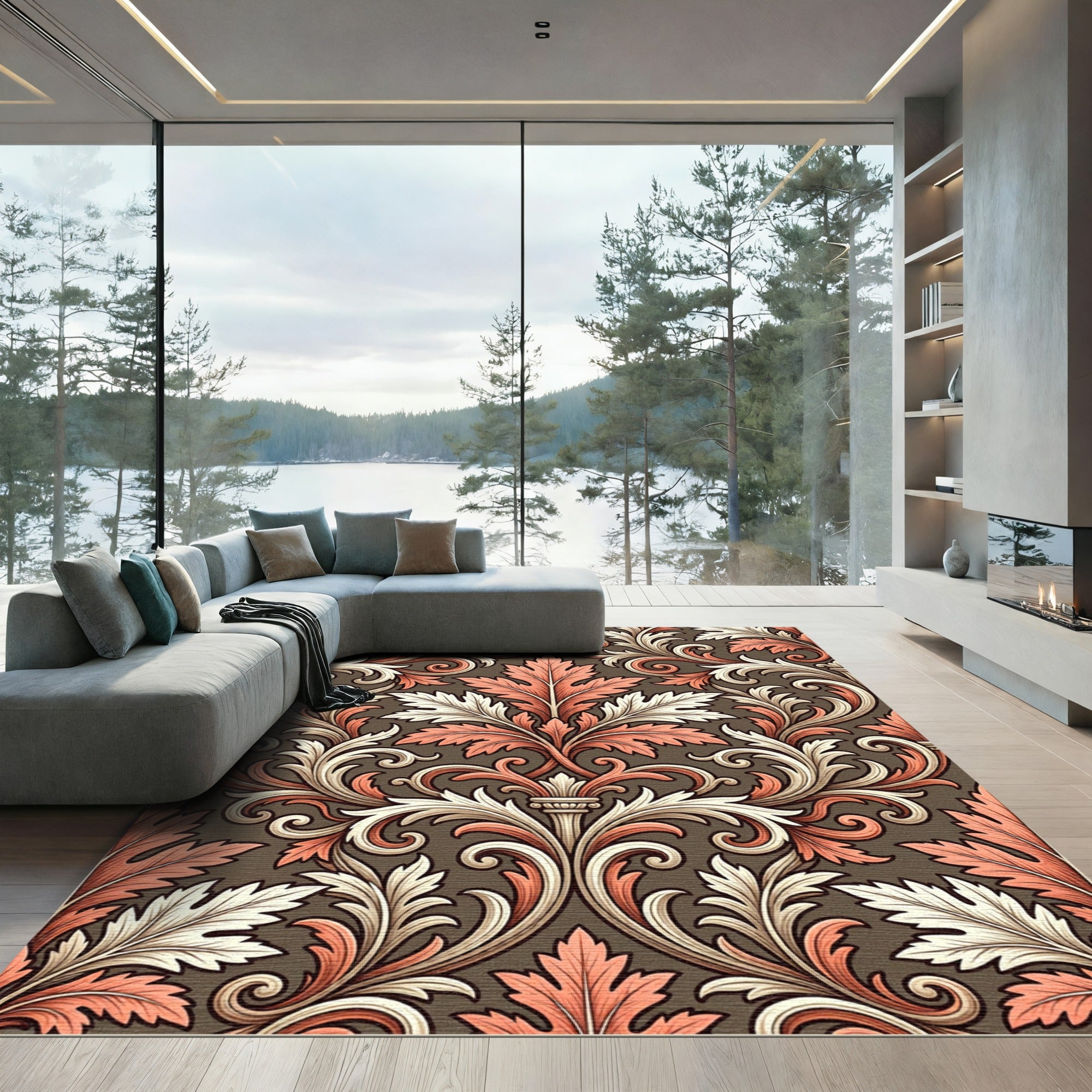 Coral White Leaf Scroll Work Rug