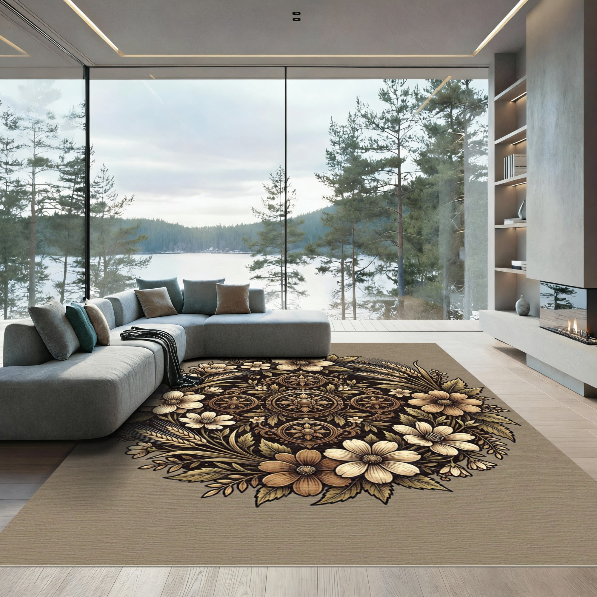 Vintage Golden Floral Medallion Round Rug