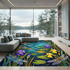 Vibrant Dragonfly and Iris Pond Scene Rug