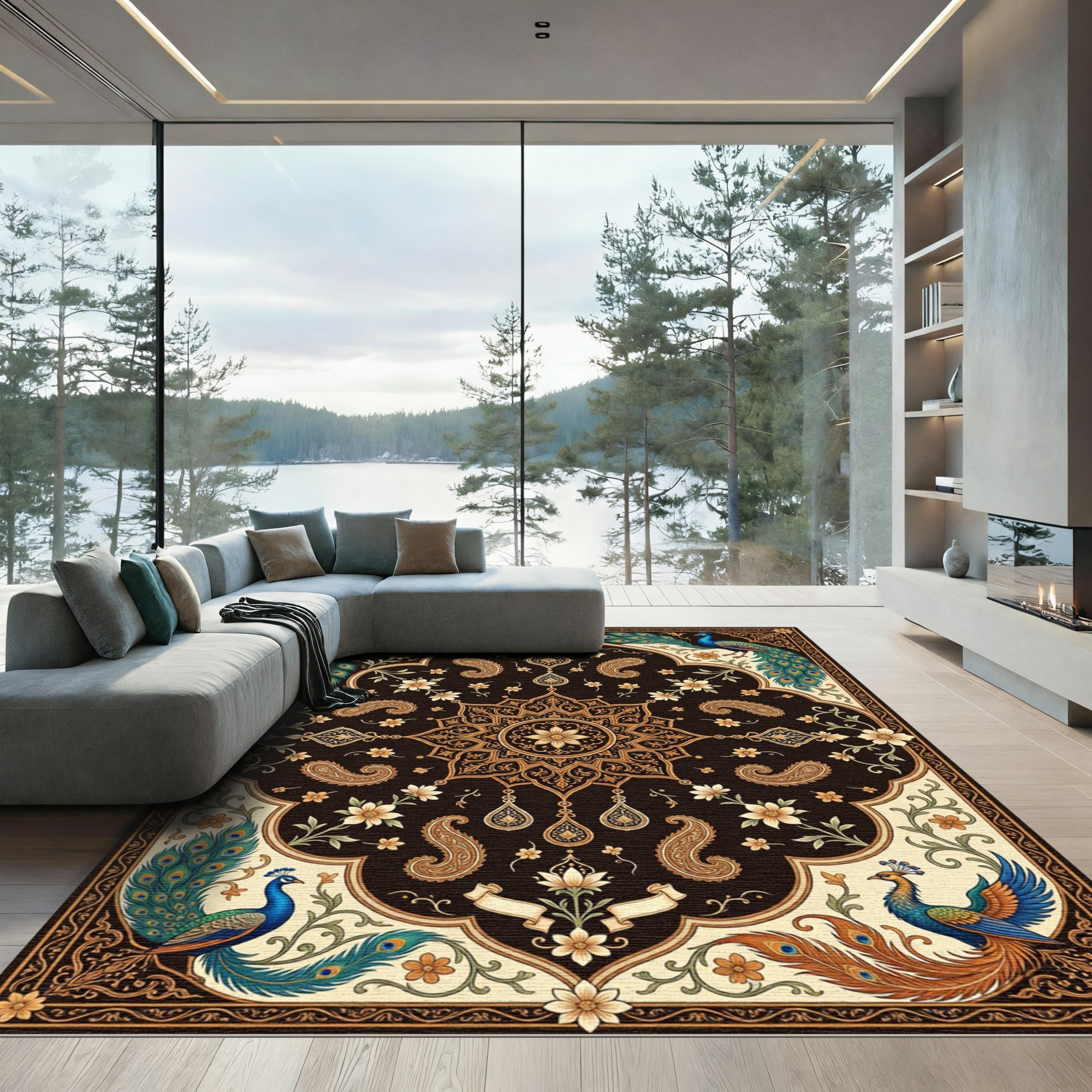 Regal Peacock Floral Medallion Black Area Rug