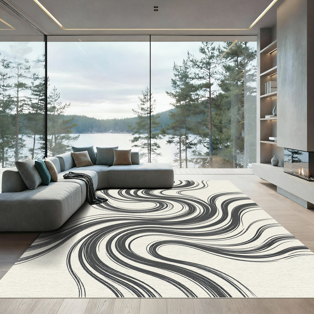 Gray Wavy Abstract Swirl Art Rug