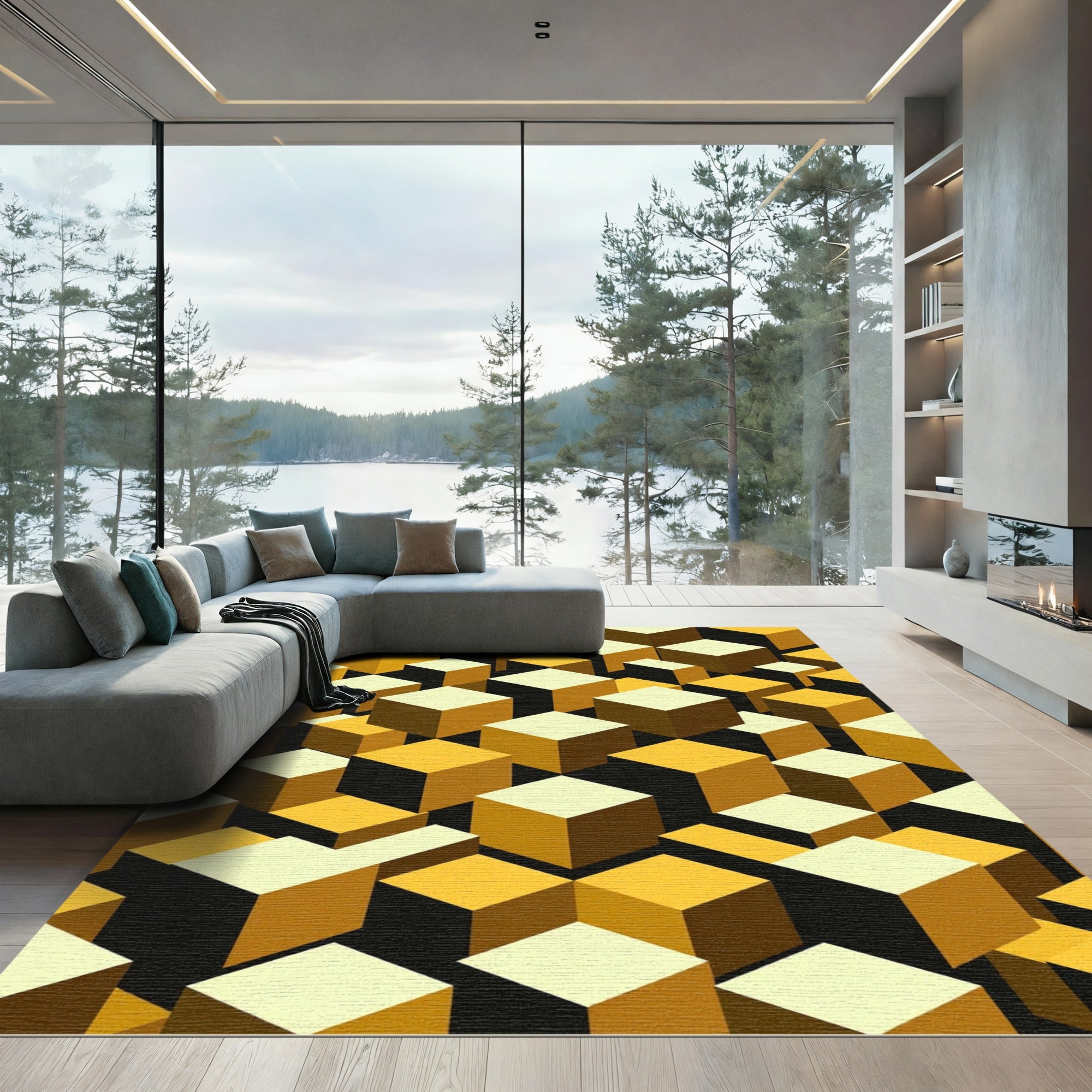 Geometric Golden Yellow Isometric Cube Abstract Rug