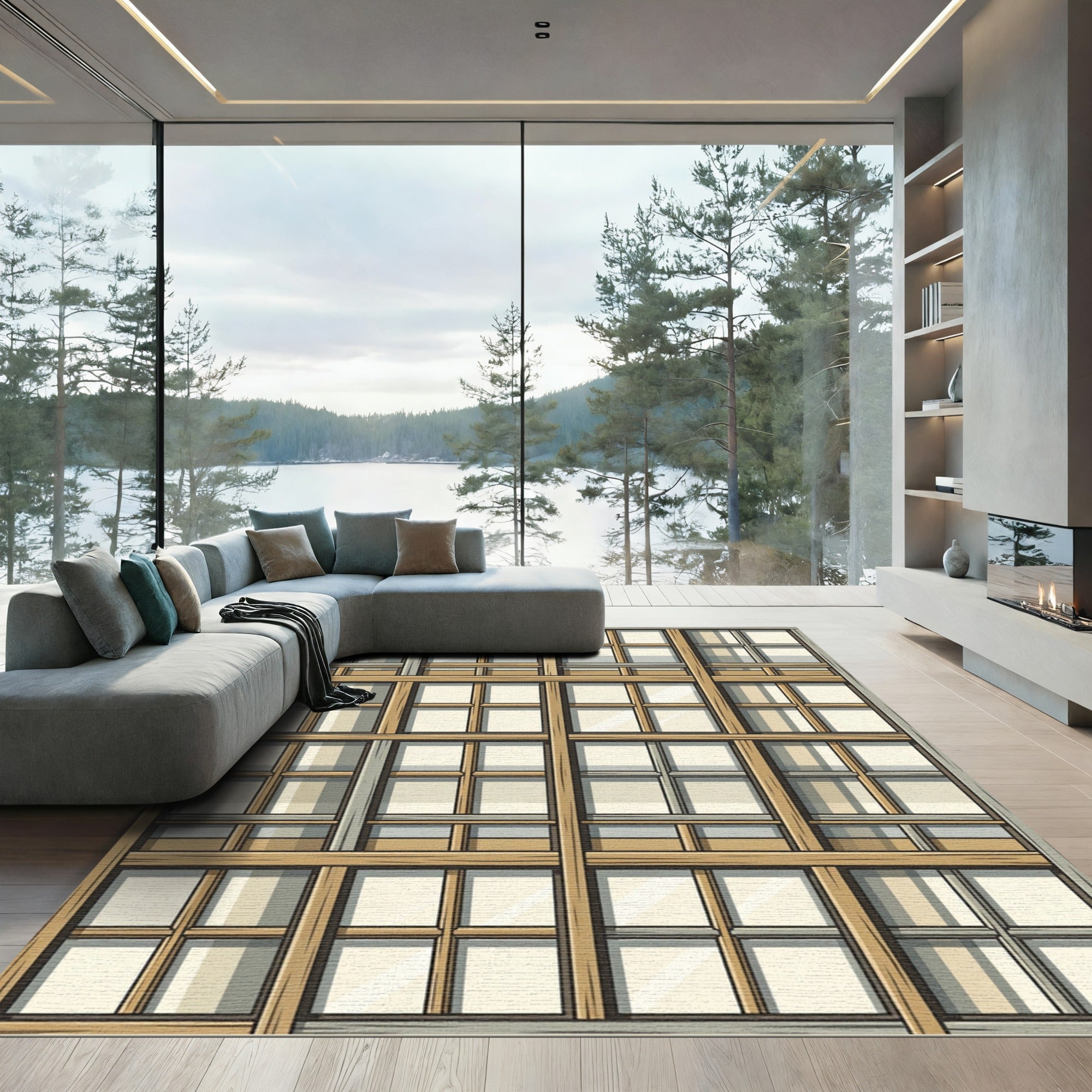 Wooden Grid Geometric Arrangement Rug