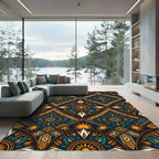 Midnight Teal Gold Geometric Sunburst Rug