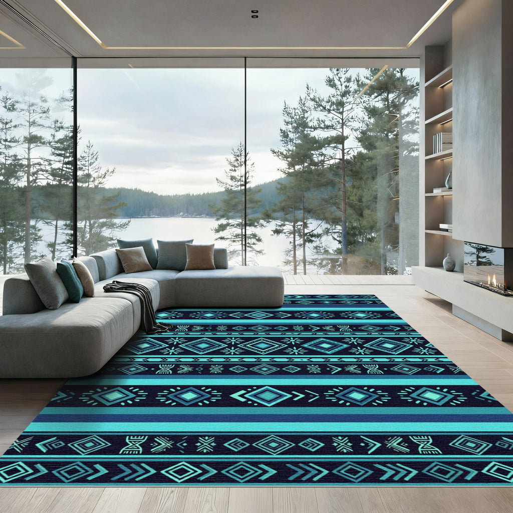 Teal Geometric Aztec Diamond Stripe Rug