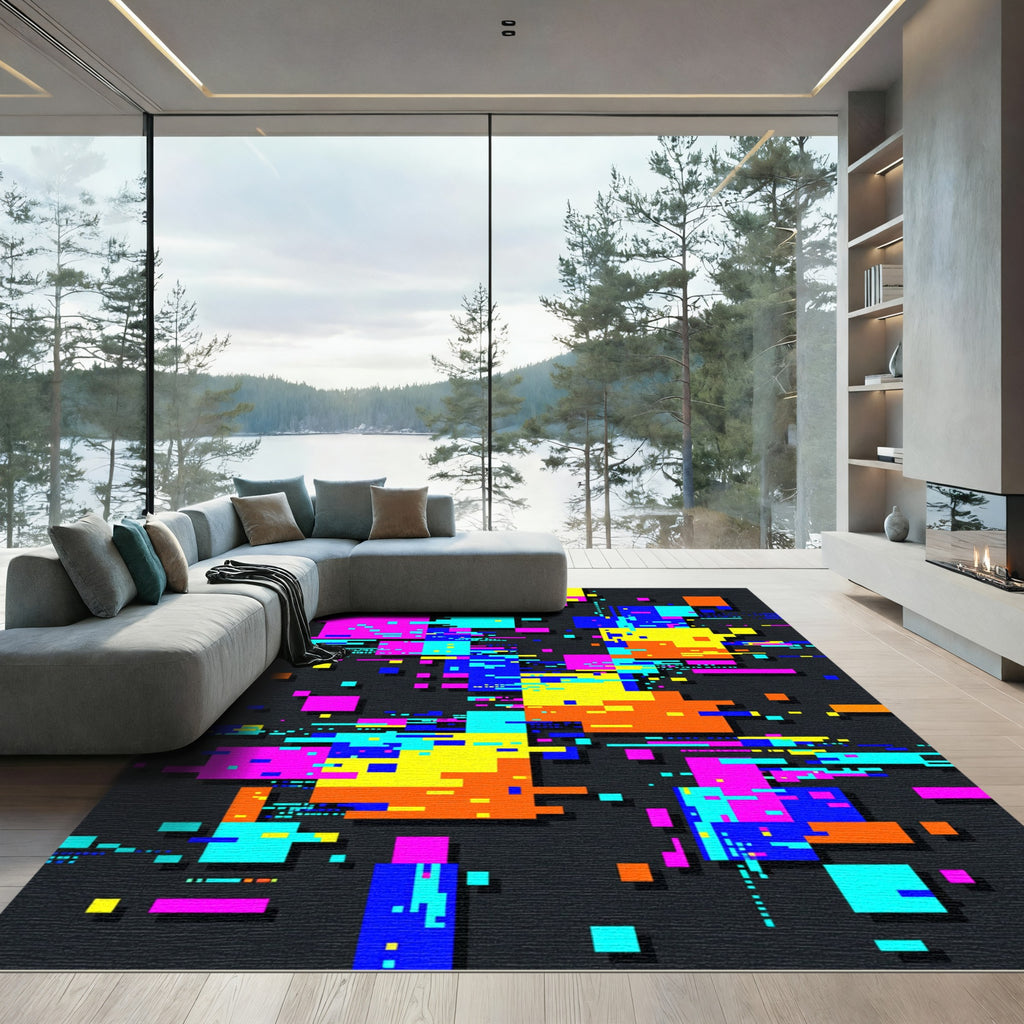 Vibrant Neon Geometric Glitch Abstract Rug