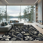 Rich Black Floral Vine Arrangement Rug