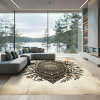Ornate Golden Emblem Floral Border Rug