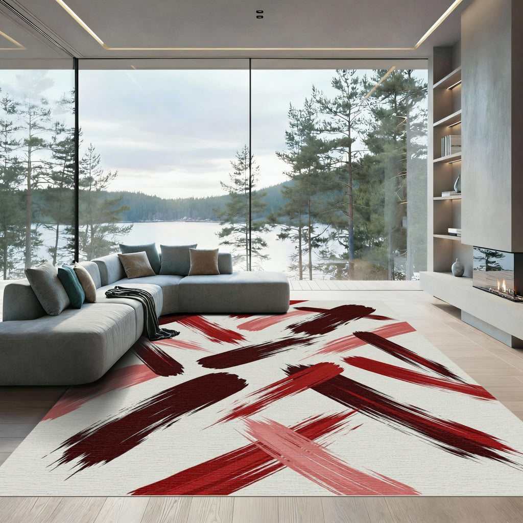 Bold Crimson Brushstroke Abstract Rug