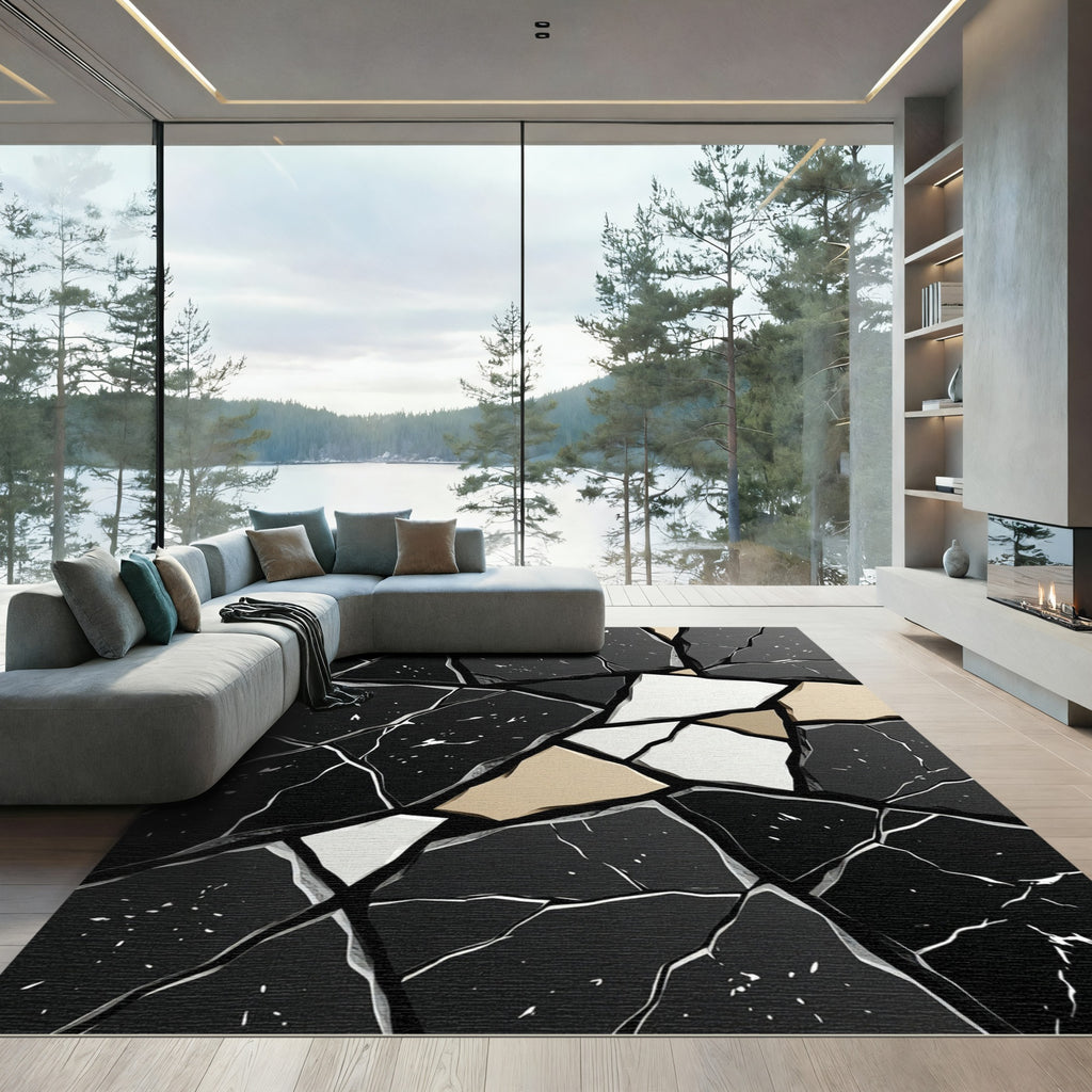 Black White Gold Cracked Mosaic Rug