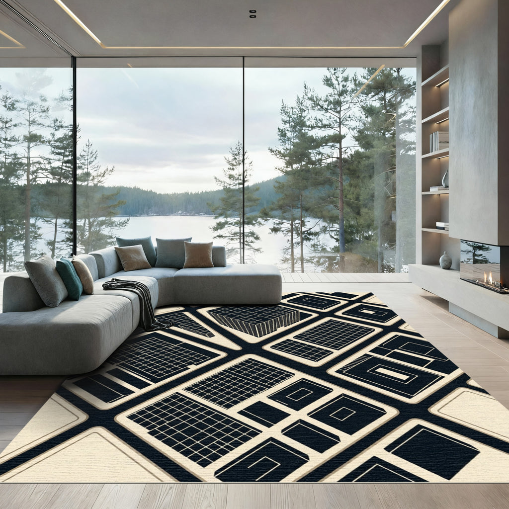 Modern Black and Cream Architectural Grid Rug