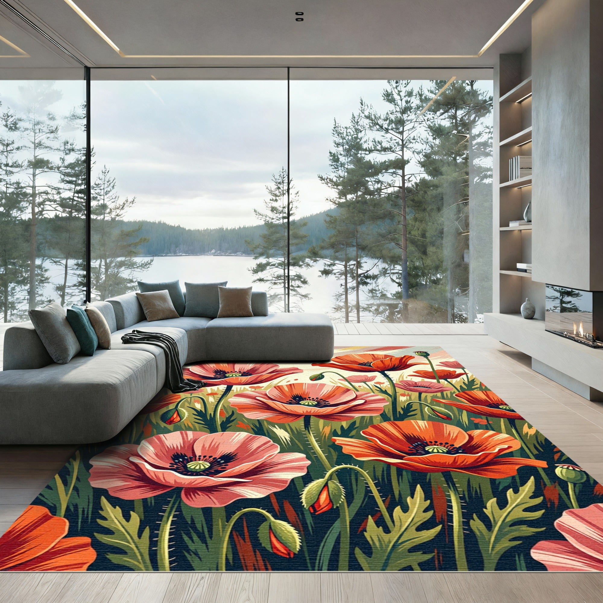 Vibrant Red Poppy Field Botanical Rug