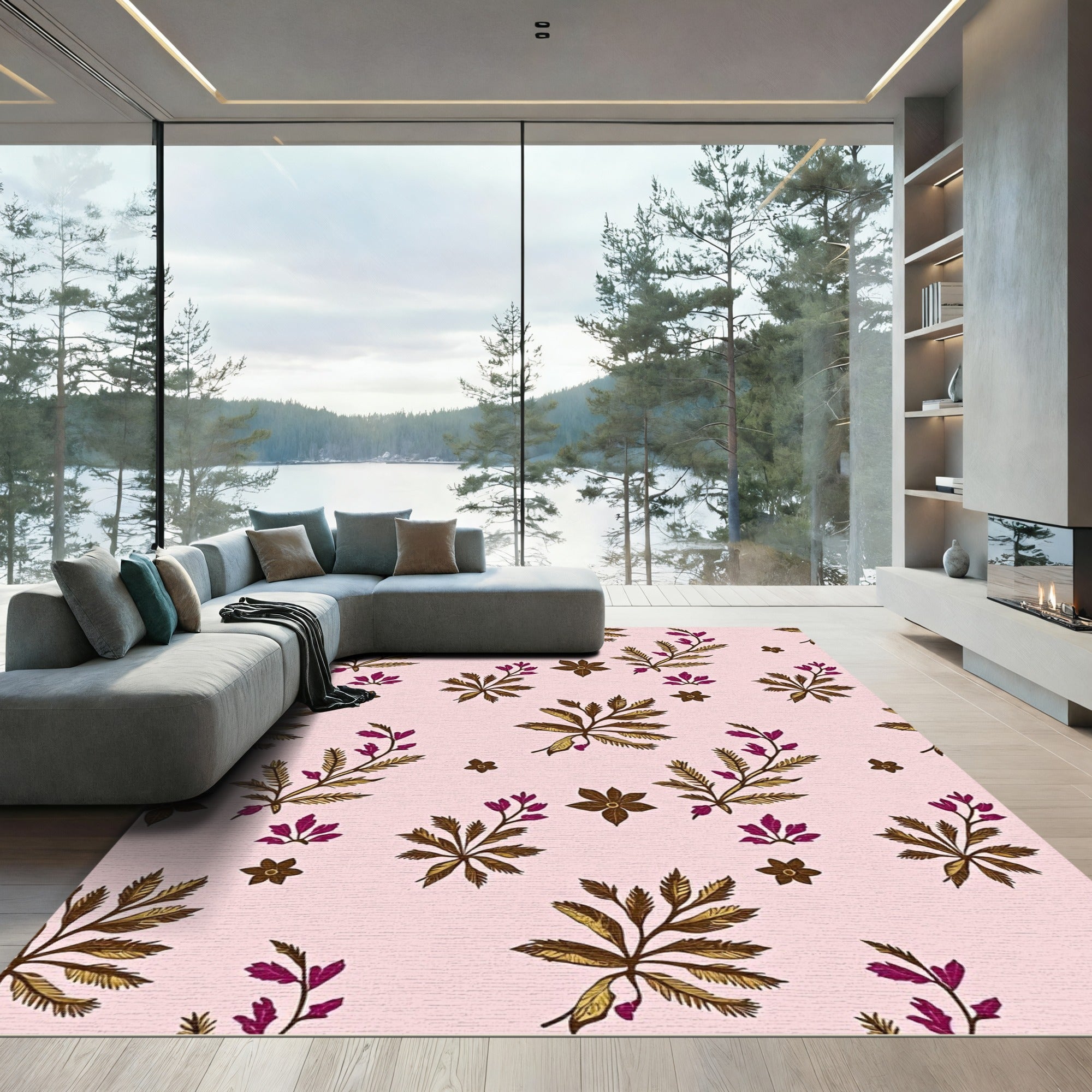 Delicate Pink Golden Berry Branches Rug