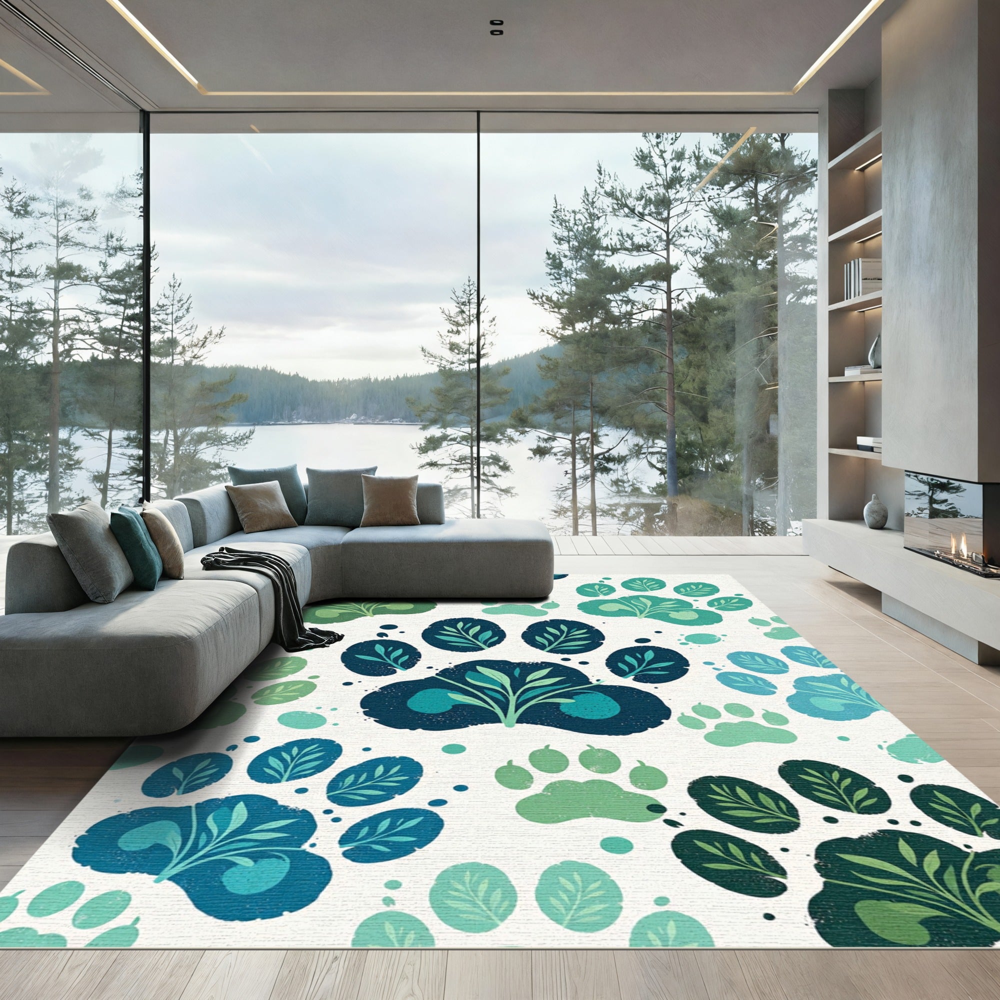 Green Teal Paw Print Botanical Composition Rug