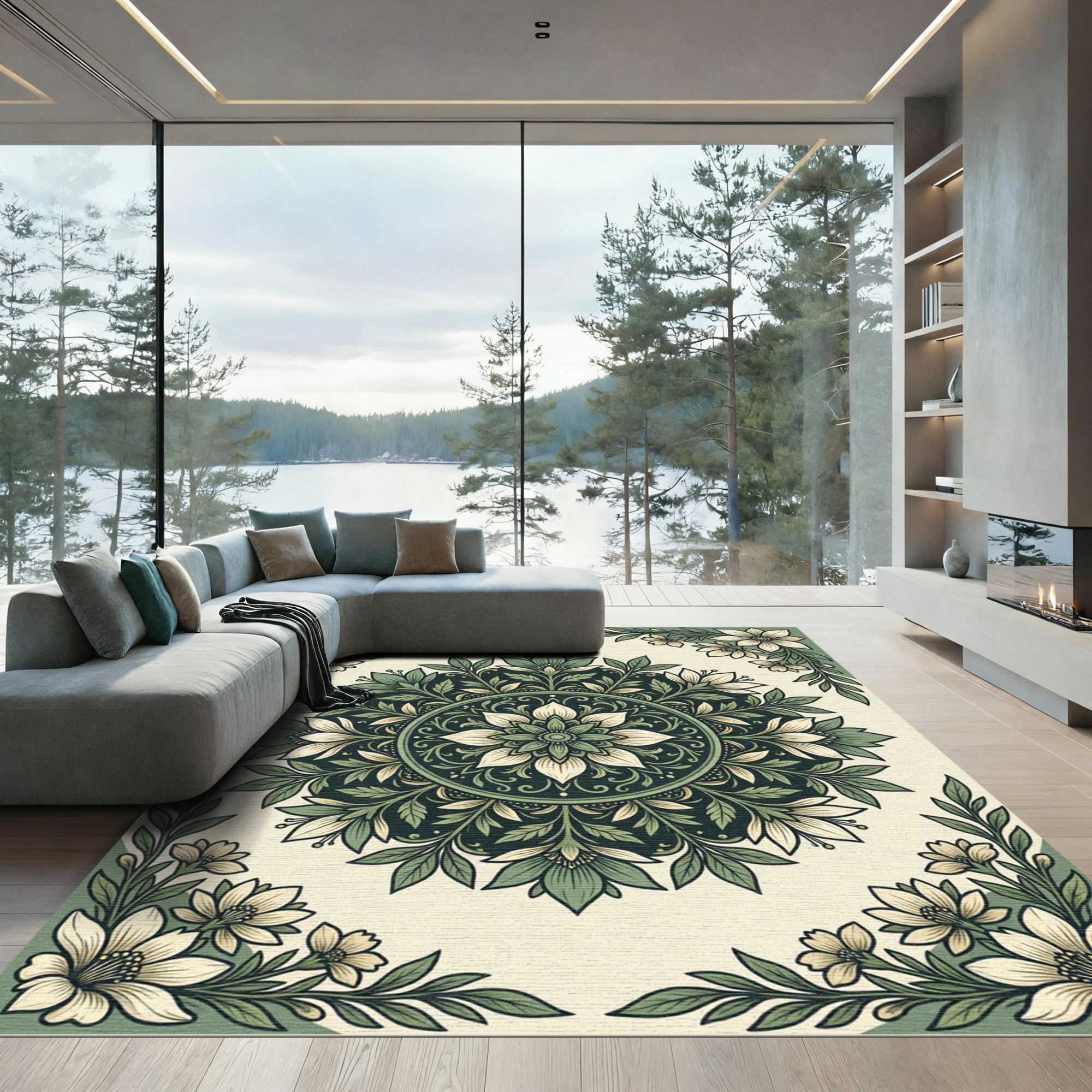 Sage Green Floral Mandala Medallion Rug