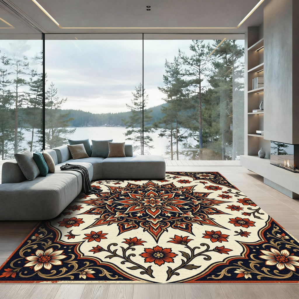 Crimson Floral Medallion Charcoal Accent Rug