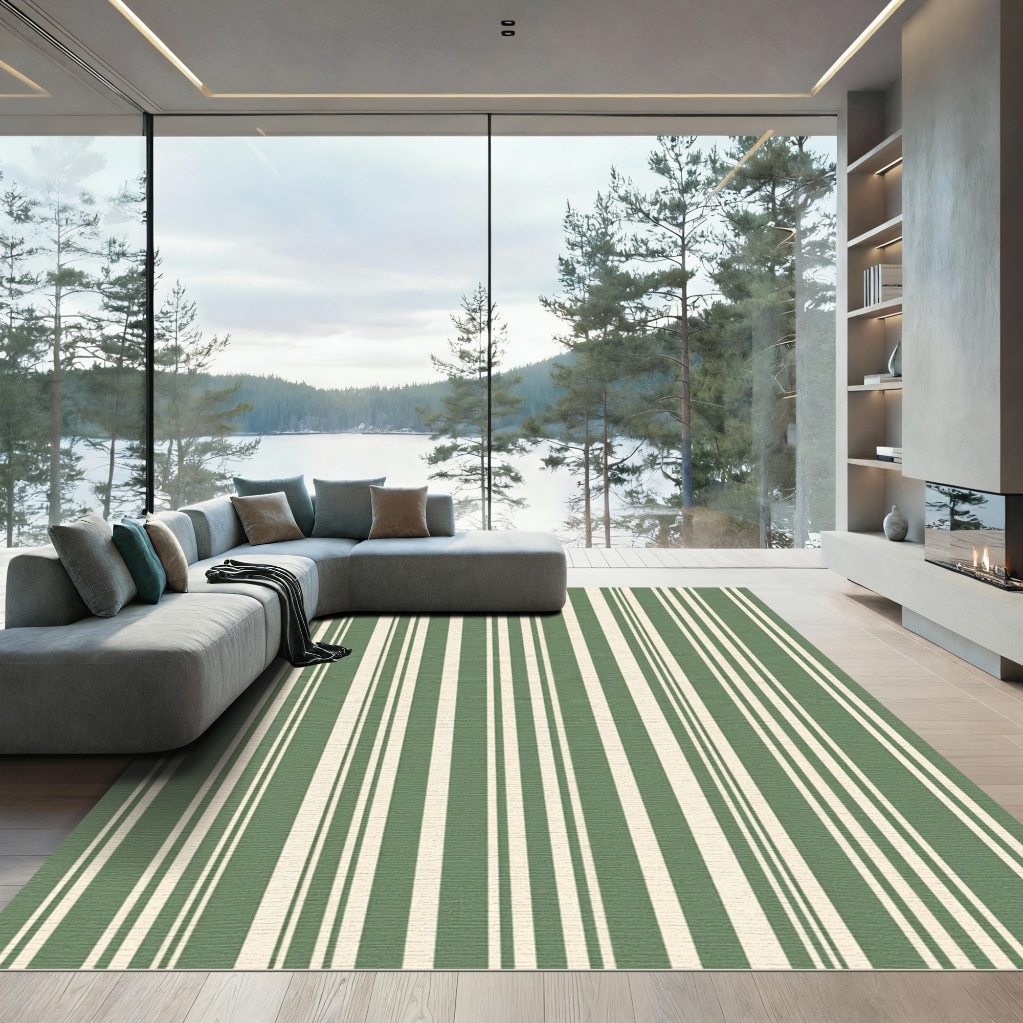Sage and Ivory Linear Vertical Stripe Rug