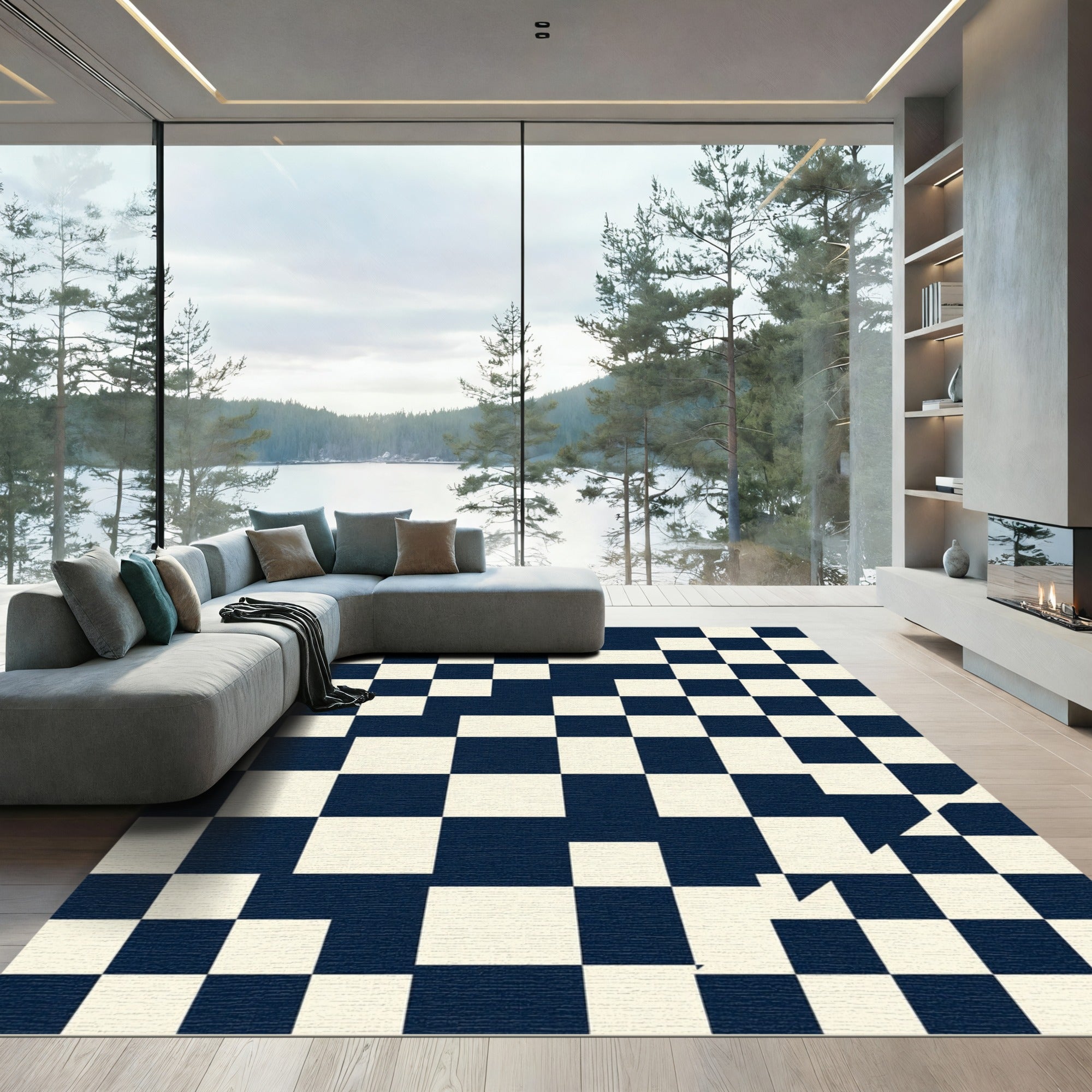 Modern Navy and Cream Checkered Geometric Rug