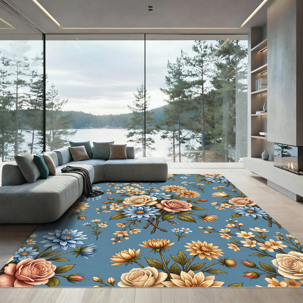 Vintage Floral Arrangement Blue Rug