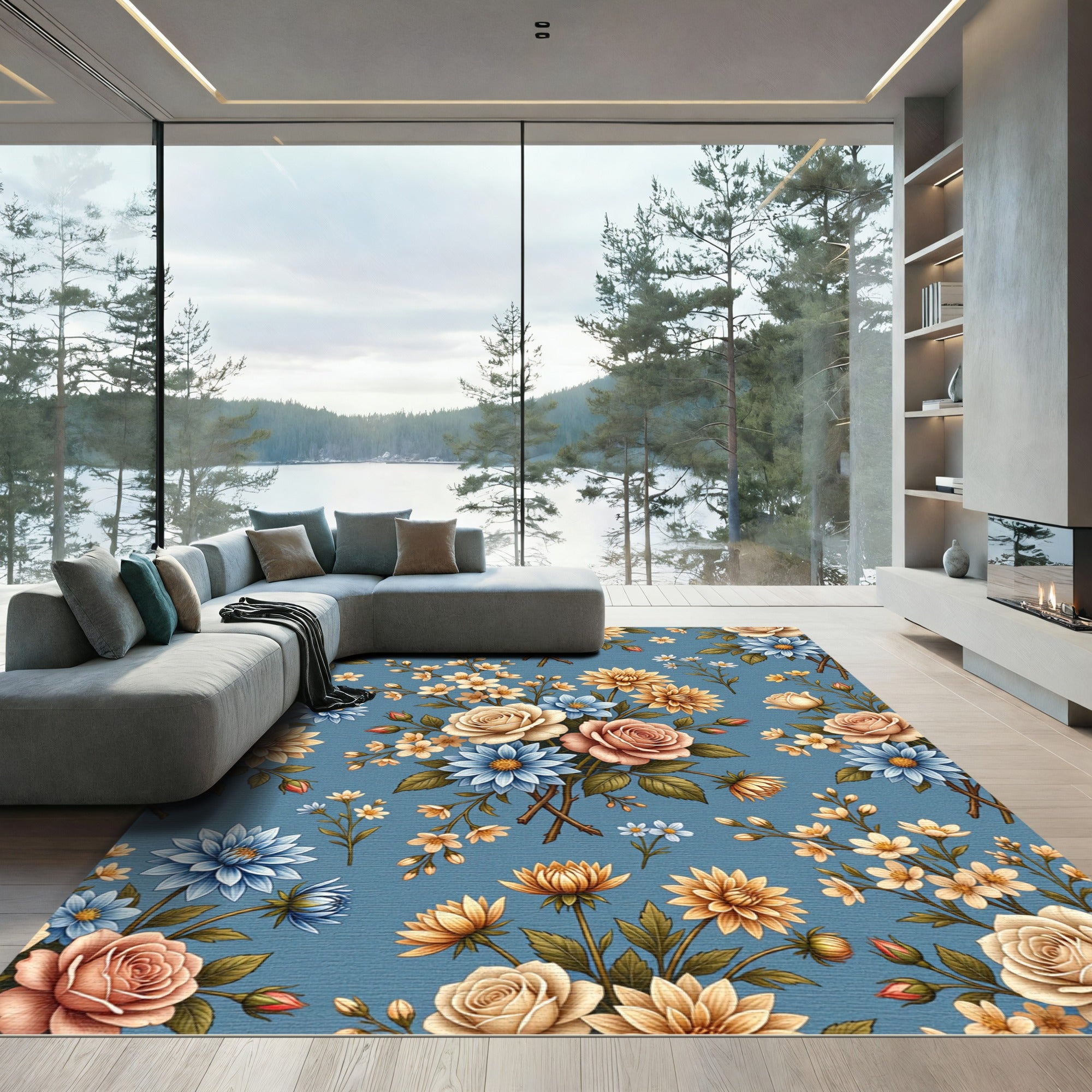Vintage Floral Arrangement Blue Rug