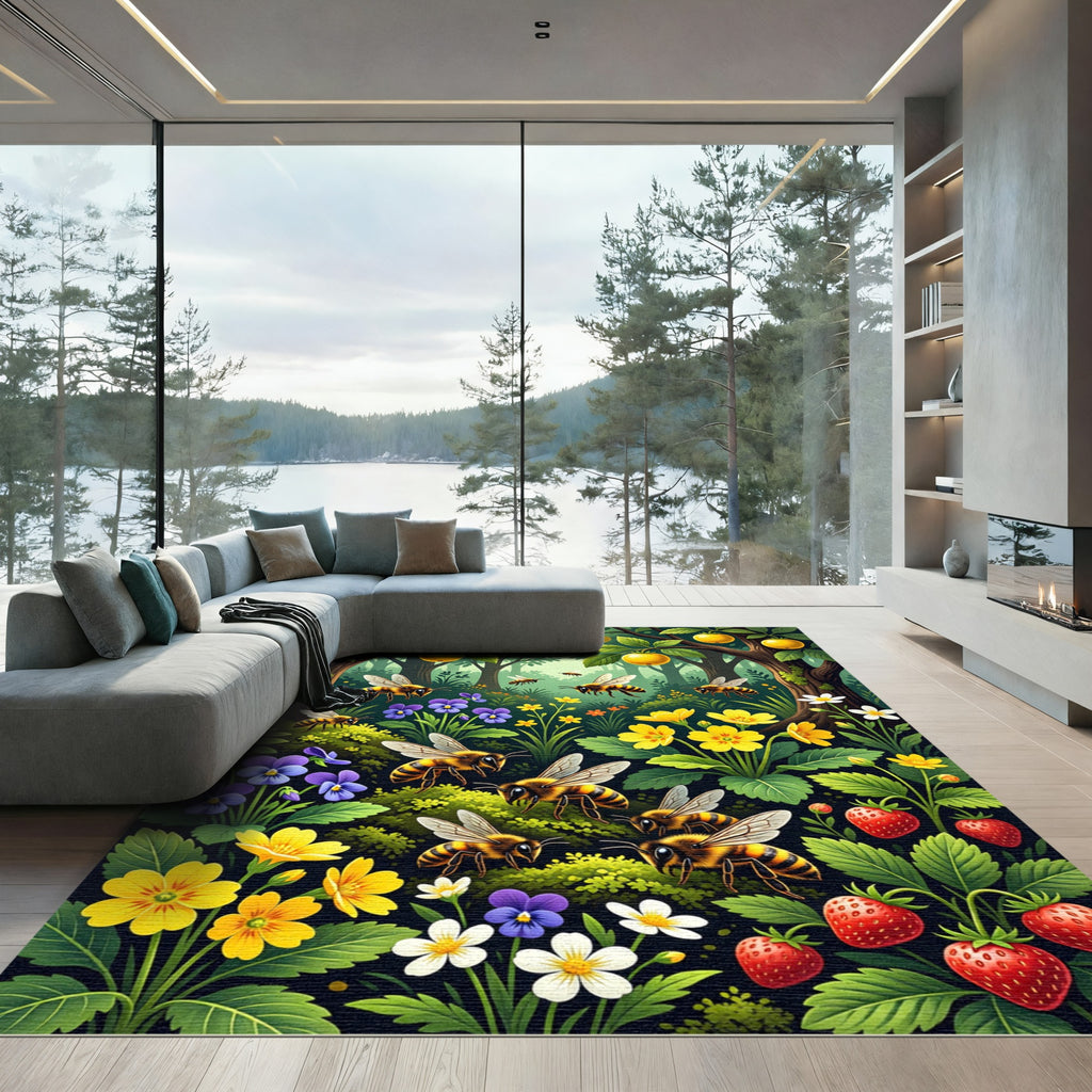 Whimsical Honeybee Garden Meadow Scene Rug
