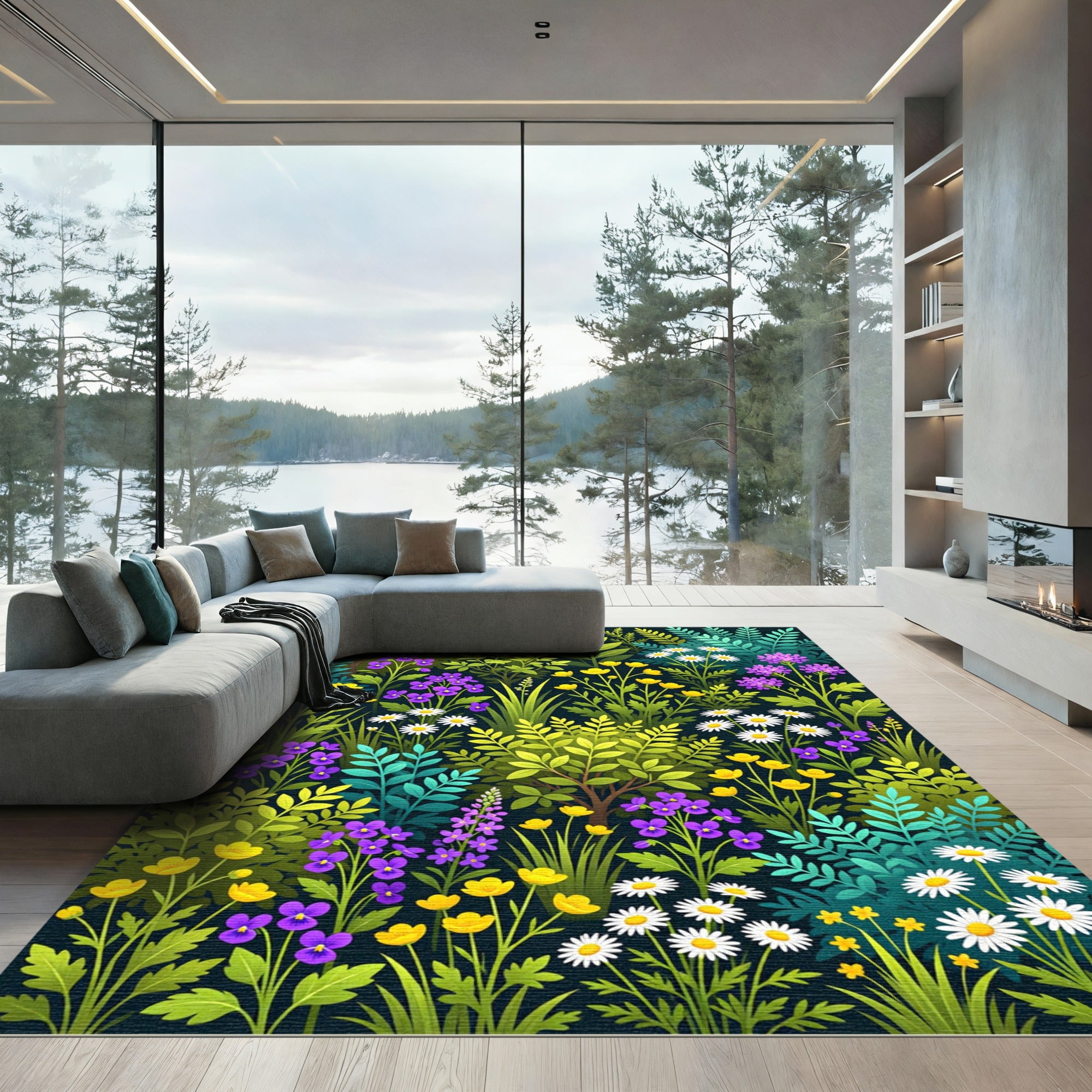 Vibrant Yellow Purple Daisy Meadow Rug