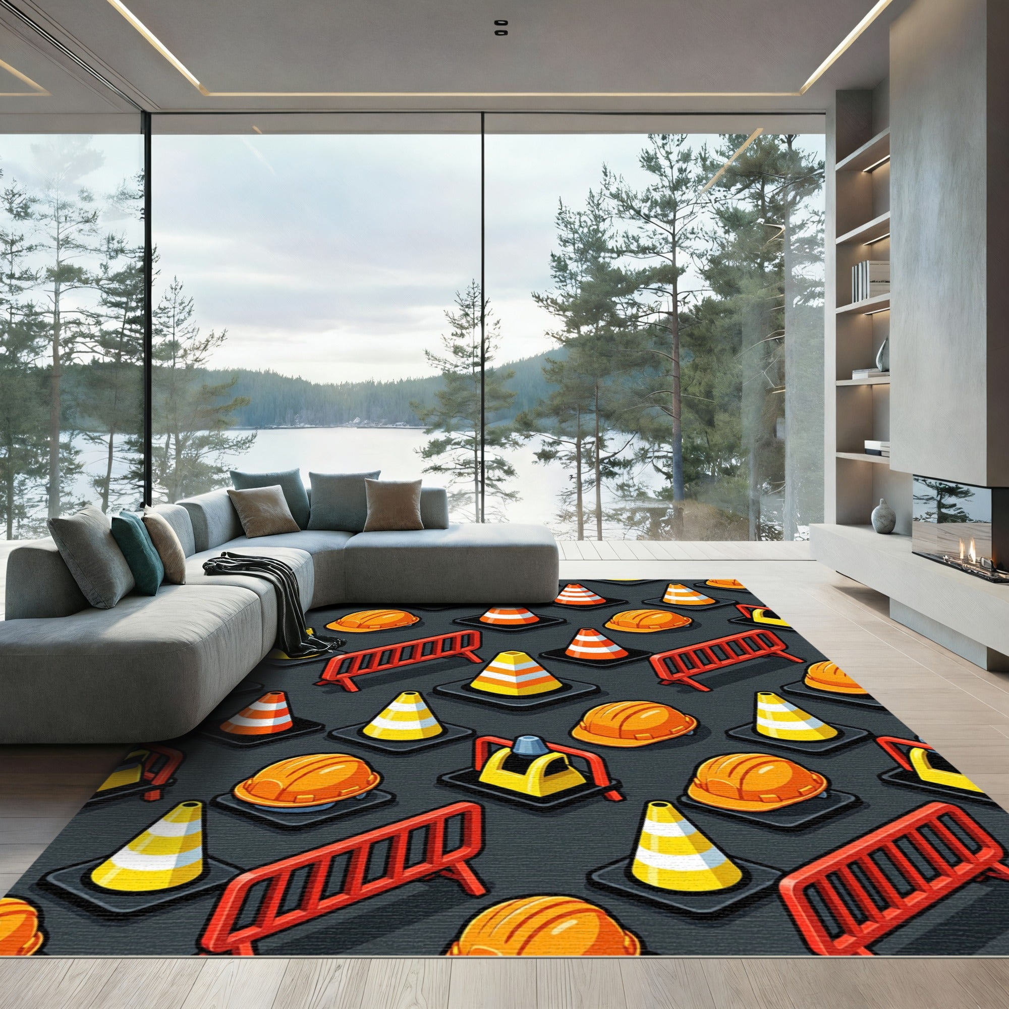 Industrial Orange Yellow Geometric Safety Scene Rug