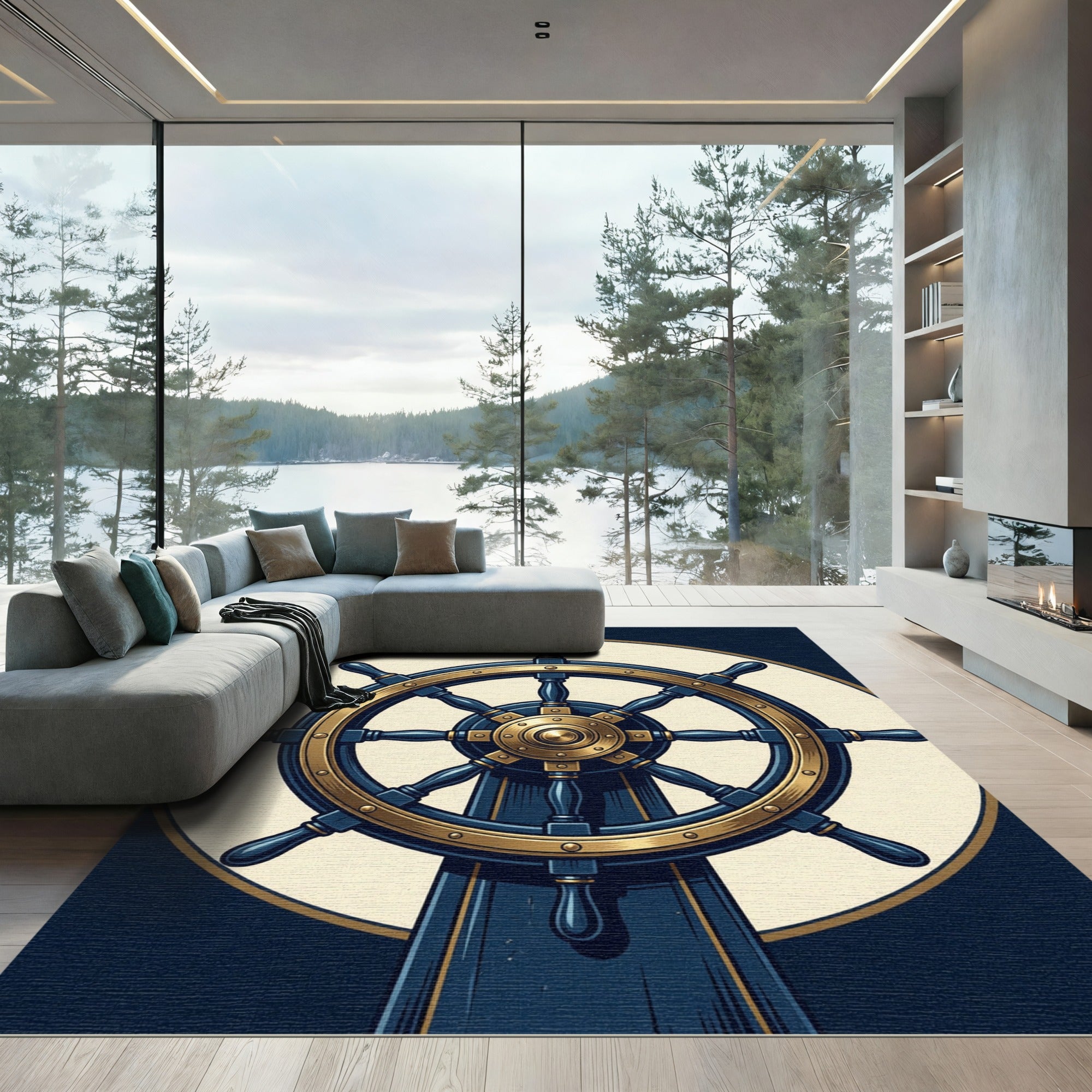 Classic Navy Gold Ship Wheel Rug
