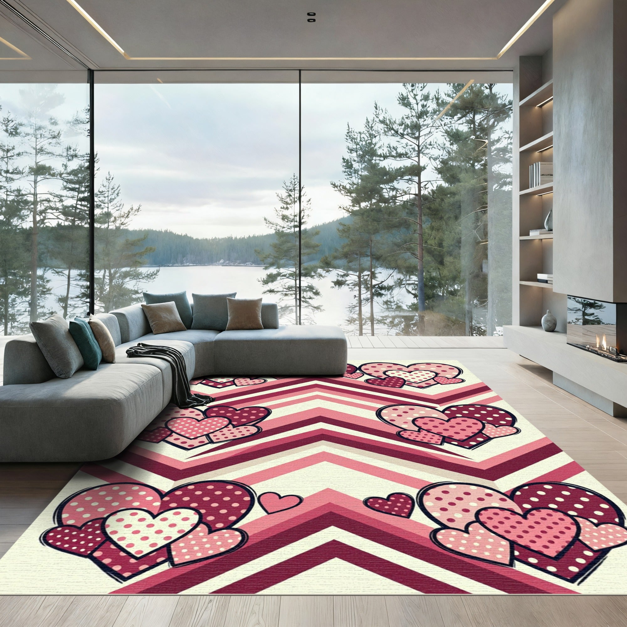 Whimsical Pink Polka Dot Hearts Rug