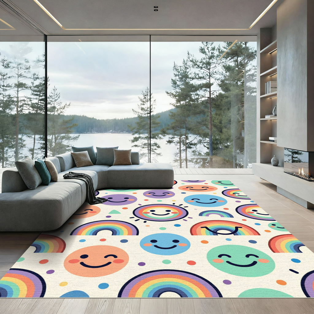 Cheerful Pastel Rainbow Smiling Faces Rug