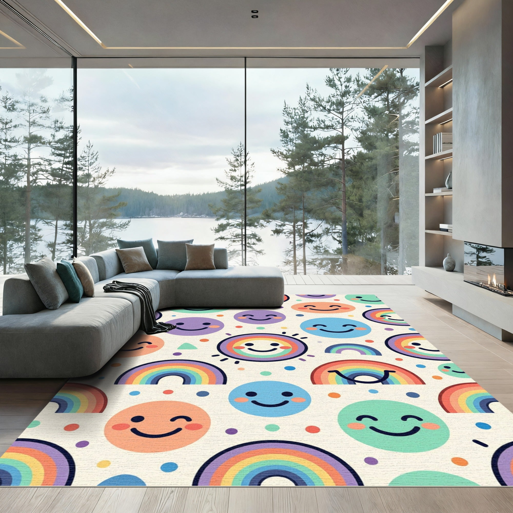 Cheerful Pastel Rainbow Smiling Faces Rug