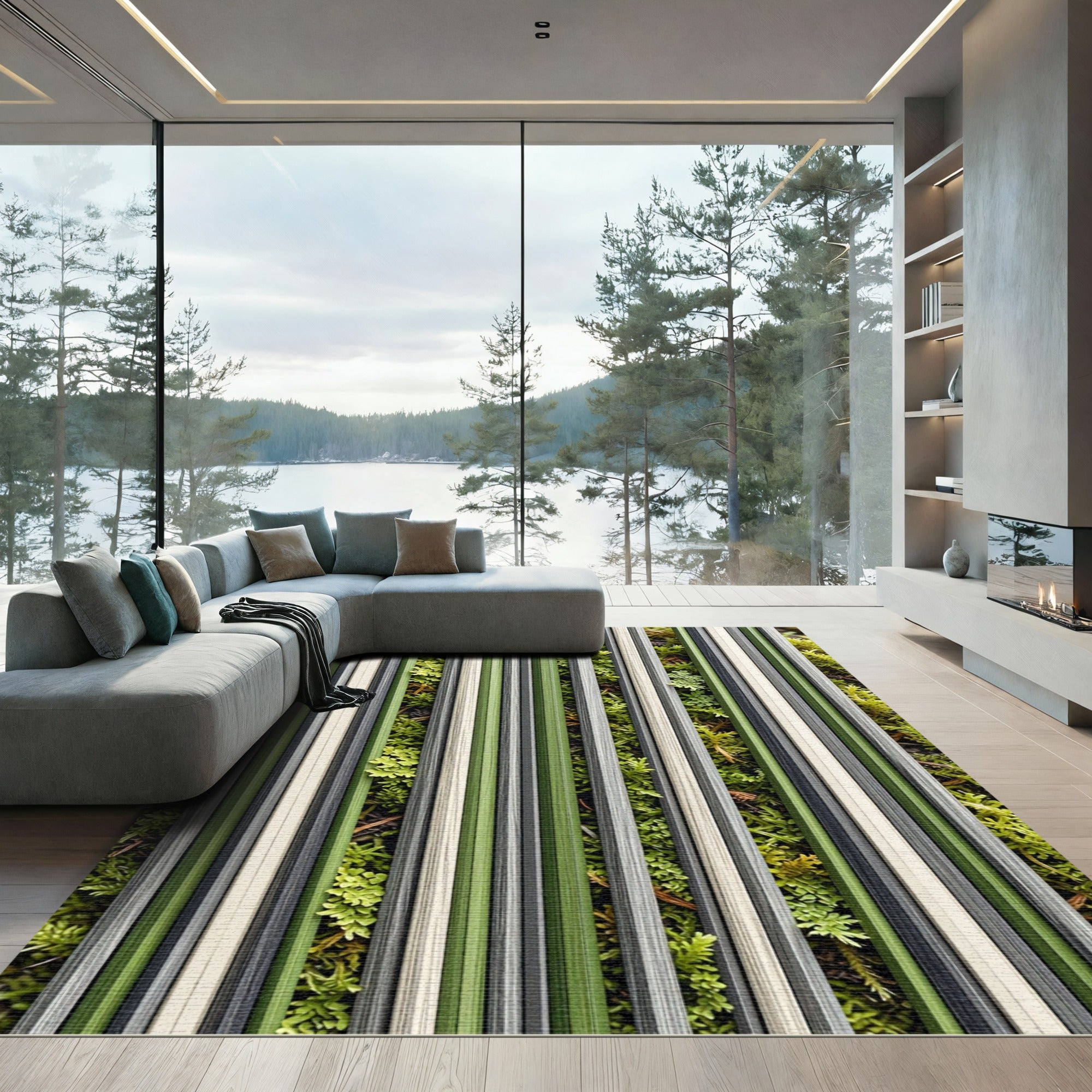 Modern Linear Forest Green Striped Rug