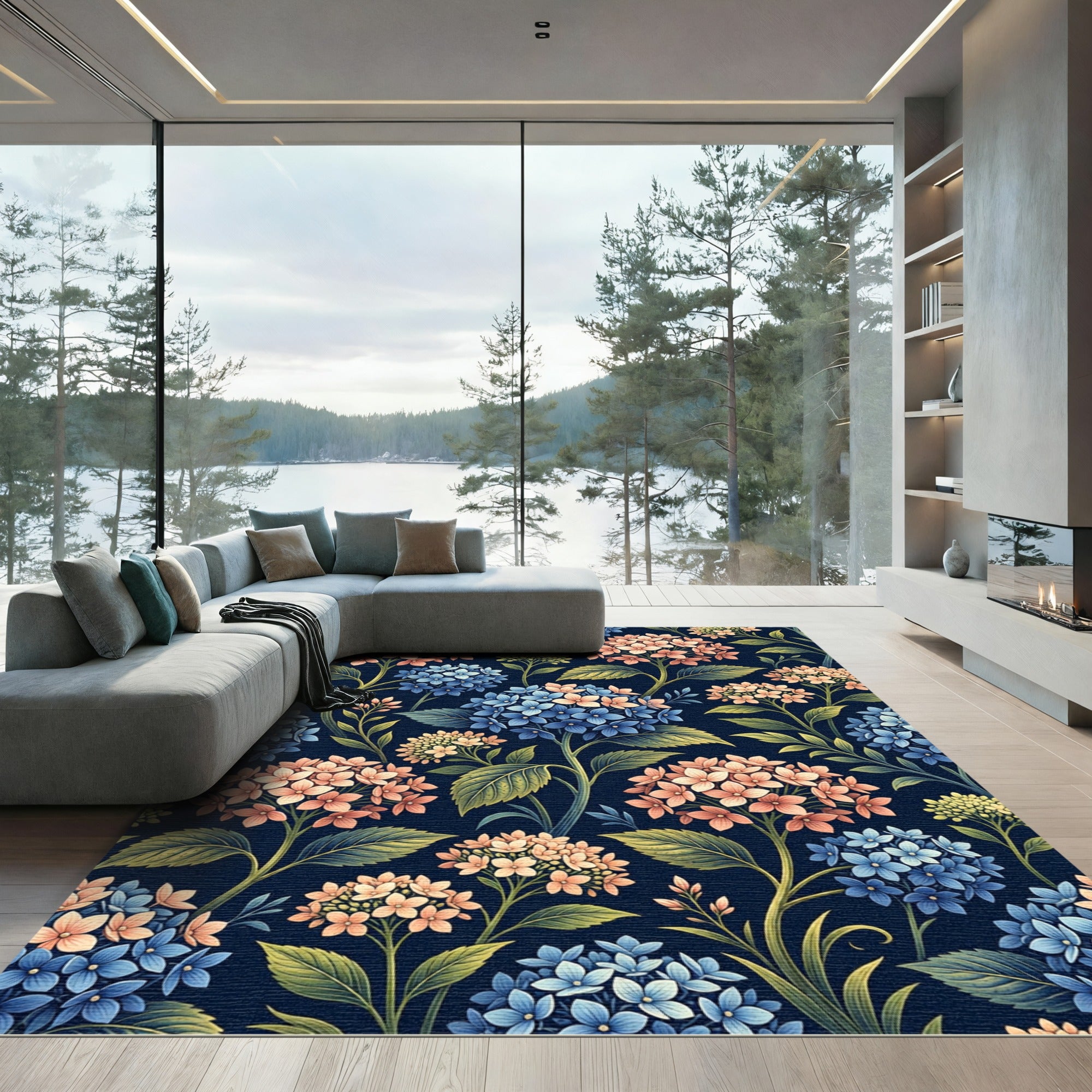 Navy Blue Botanical Hydrangea Bloom Rug
