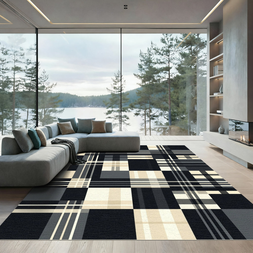 Monochrome Geometric Plaid Block Rug