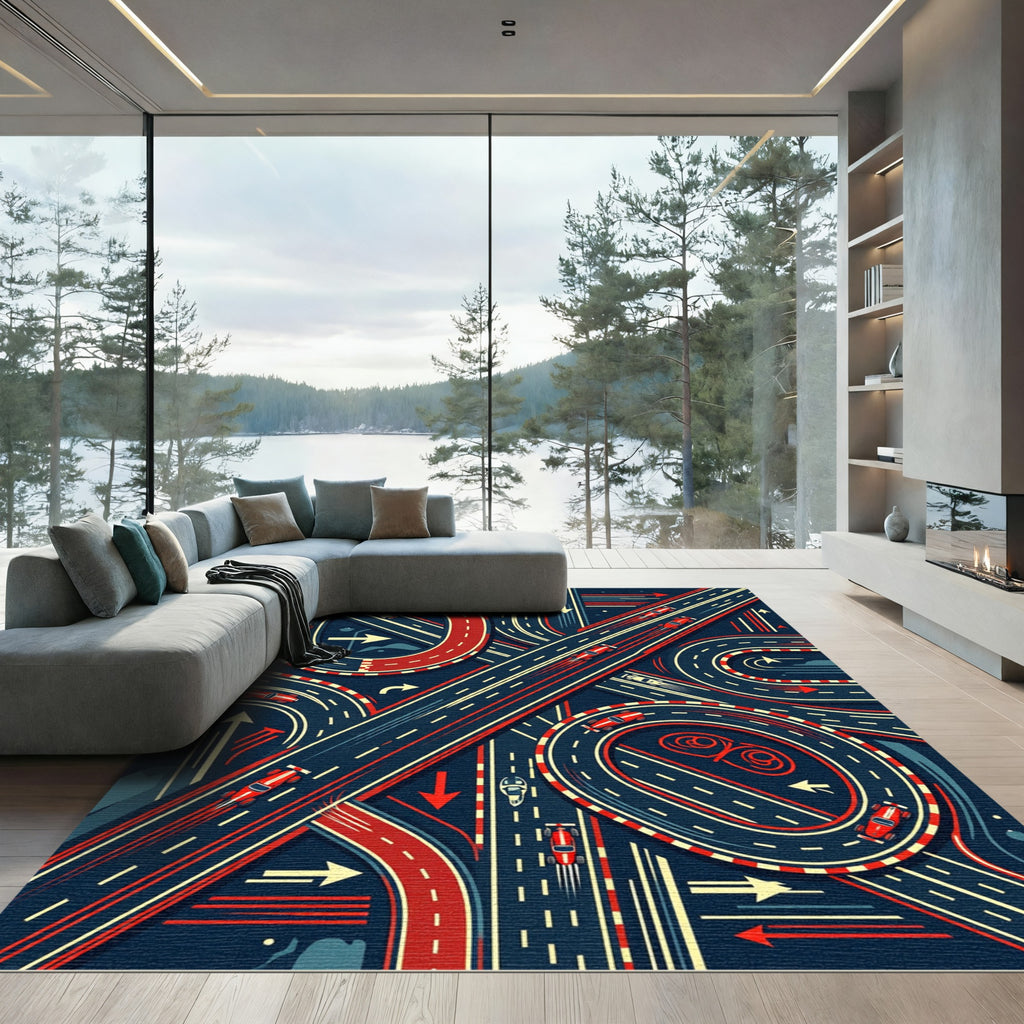 Dynamic Red Race Car Circuit Track Rug
