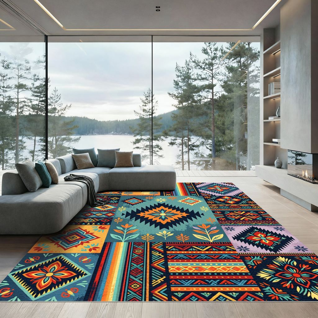 Vibrant Multicolored Geometric Aztec Tile Rug