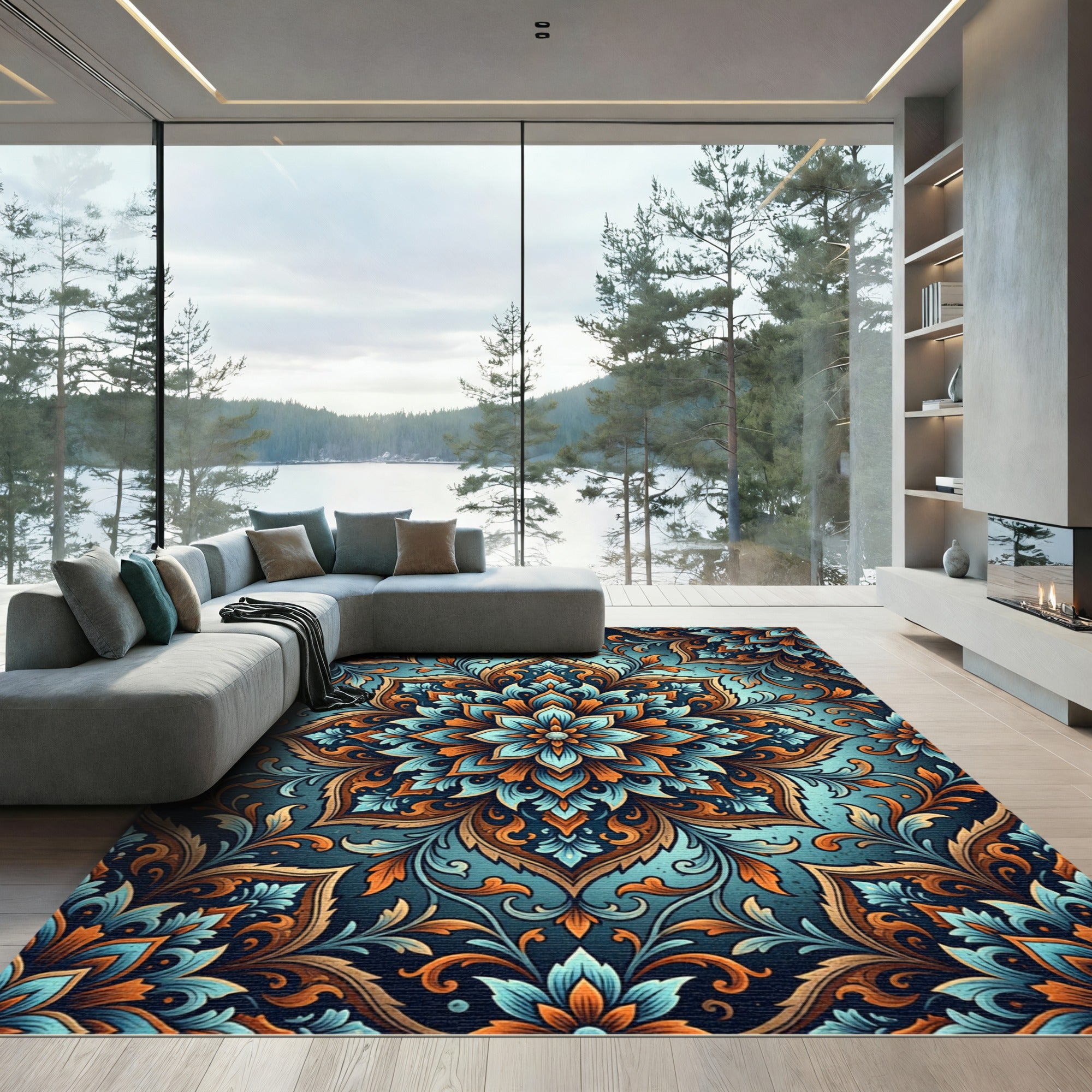 Teal and Amber Ornate Floral Medallion Rug
