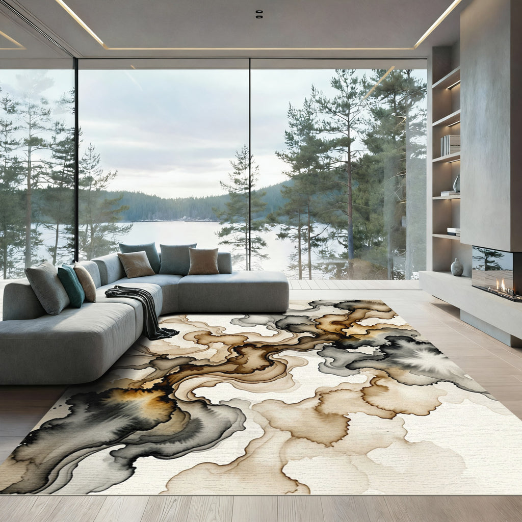Earthy Brown Ink Wash Waves Rug