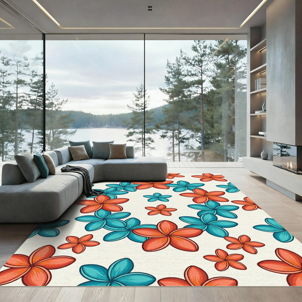 Tropical Plumeria Teal and Coral Floral Rug