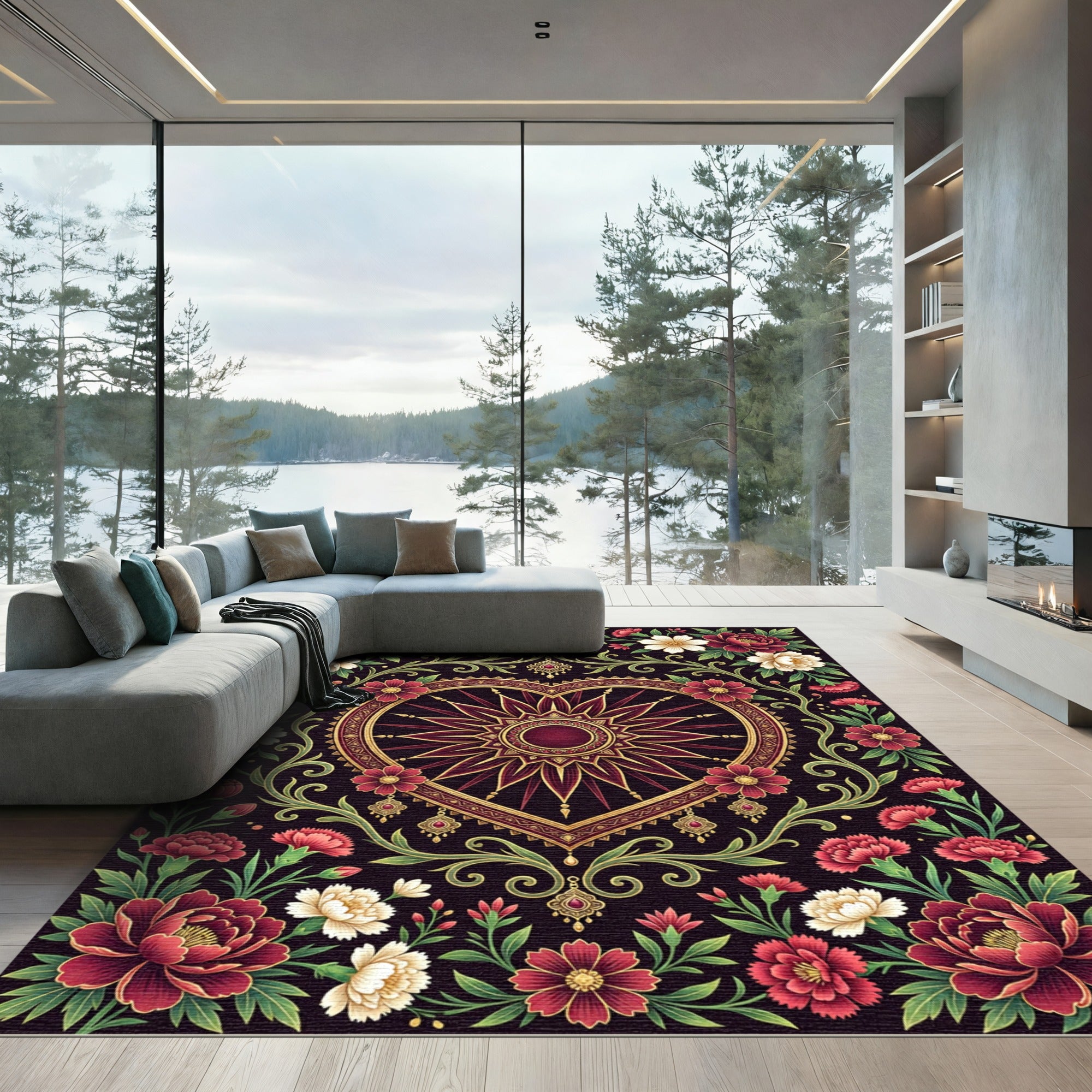 Ornate Heart Shaped Floral Jewel Tapestry Rug