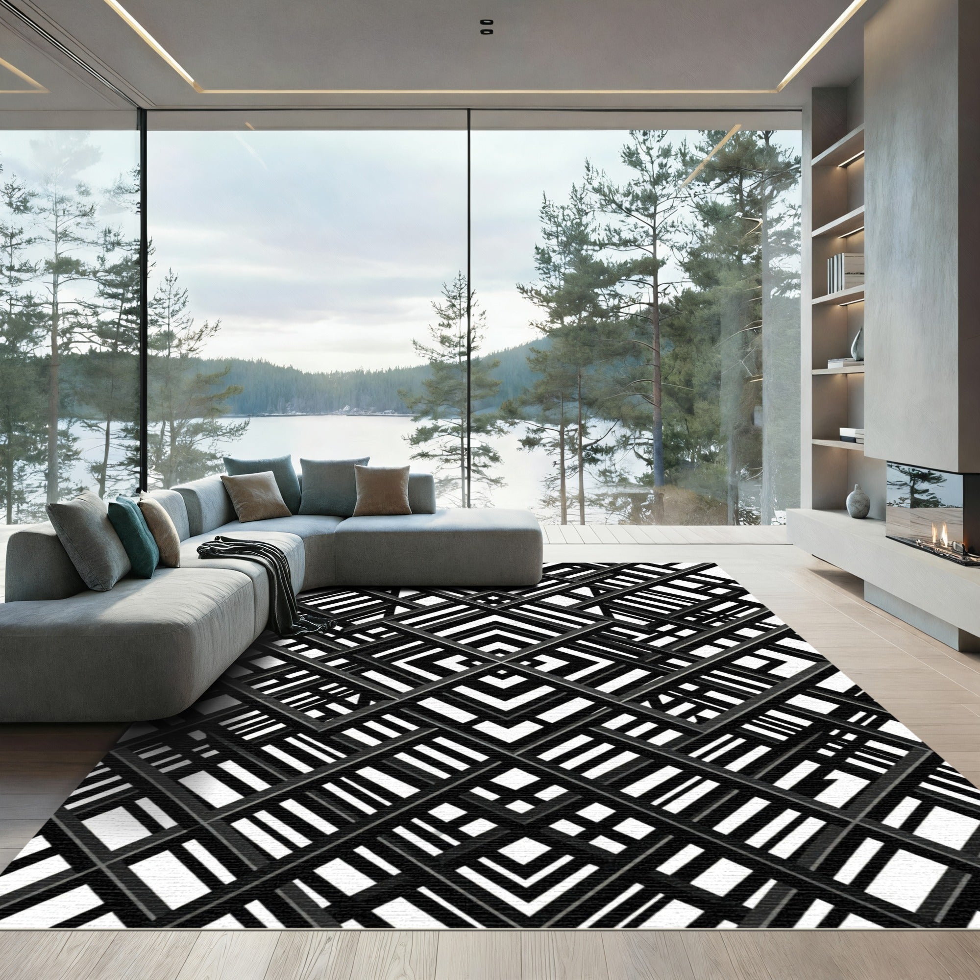 Black White Interlocking Grid Rug