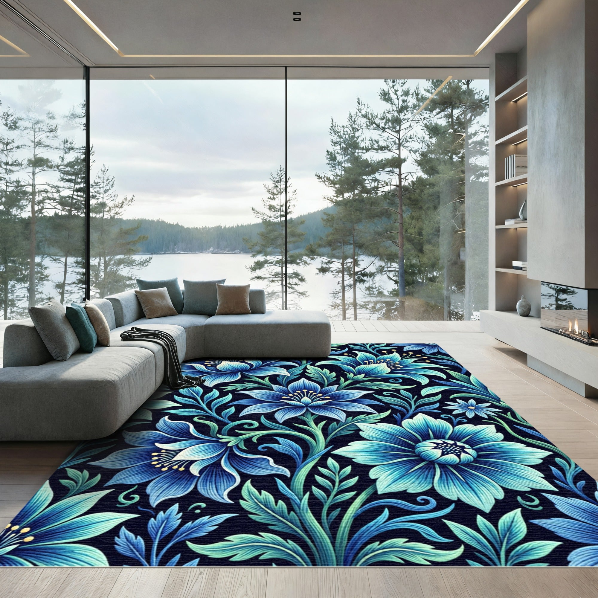 Deep Blue Floral Vine Imagery Rug