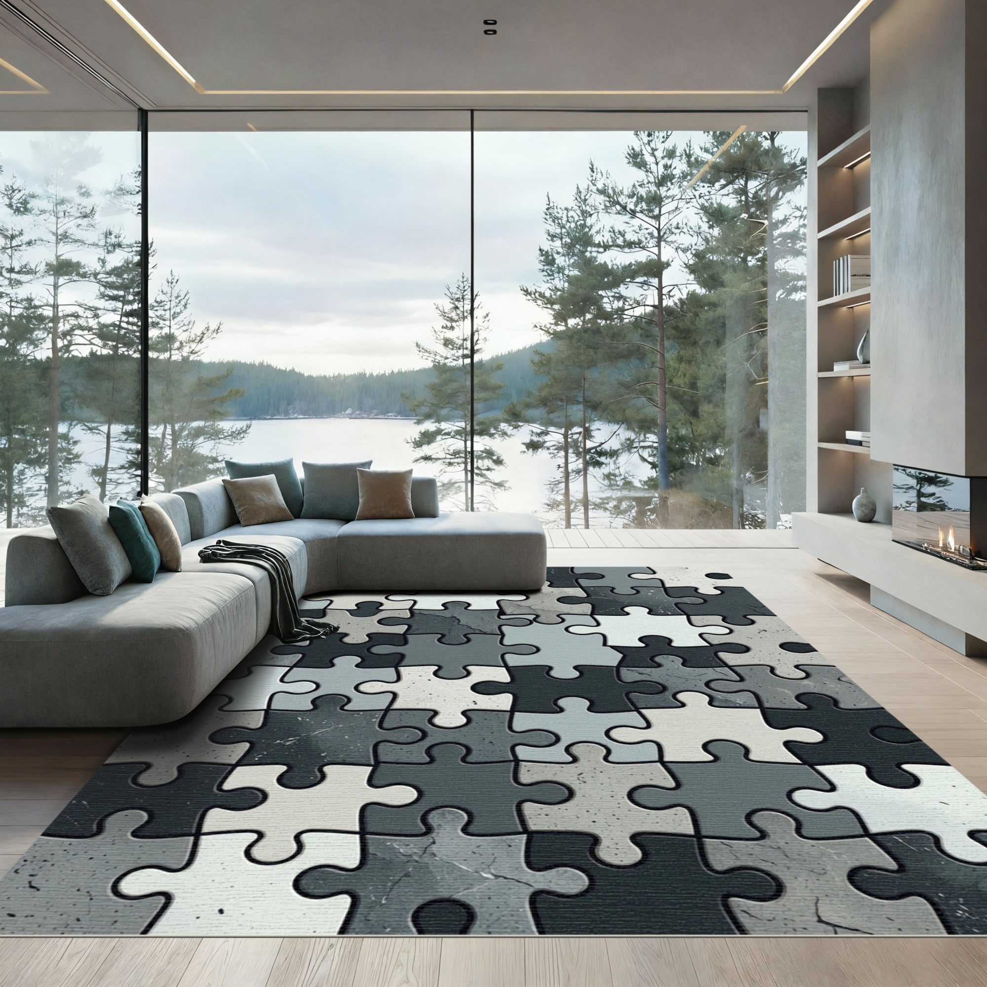 Monochrome Abstract Geometric Interlocking Puzzle Rug
