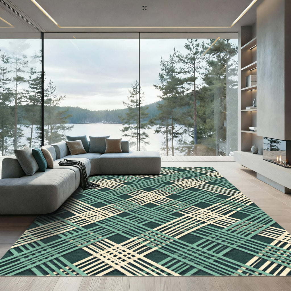 Sage and Cream Interwoven Geometric Lattice Rug