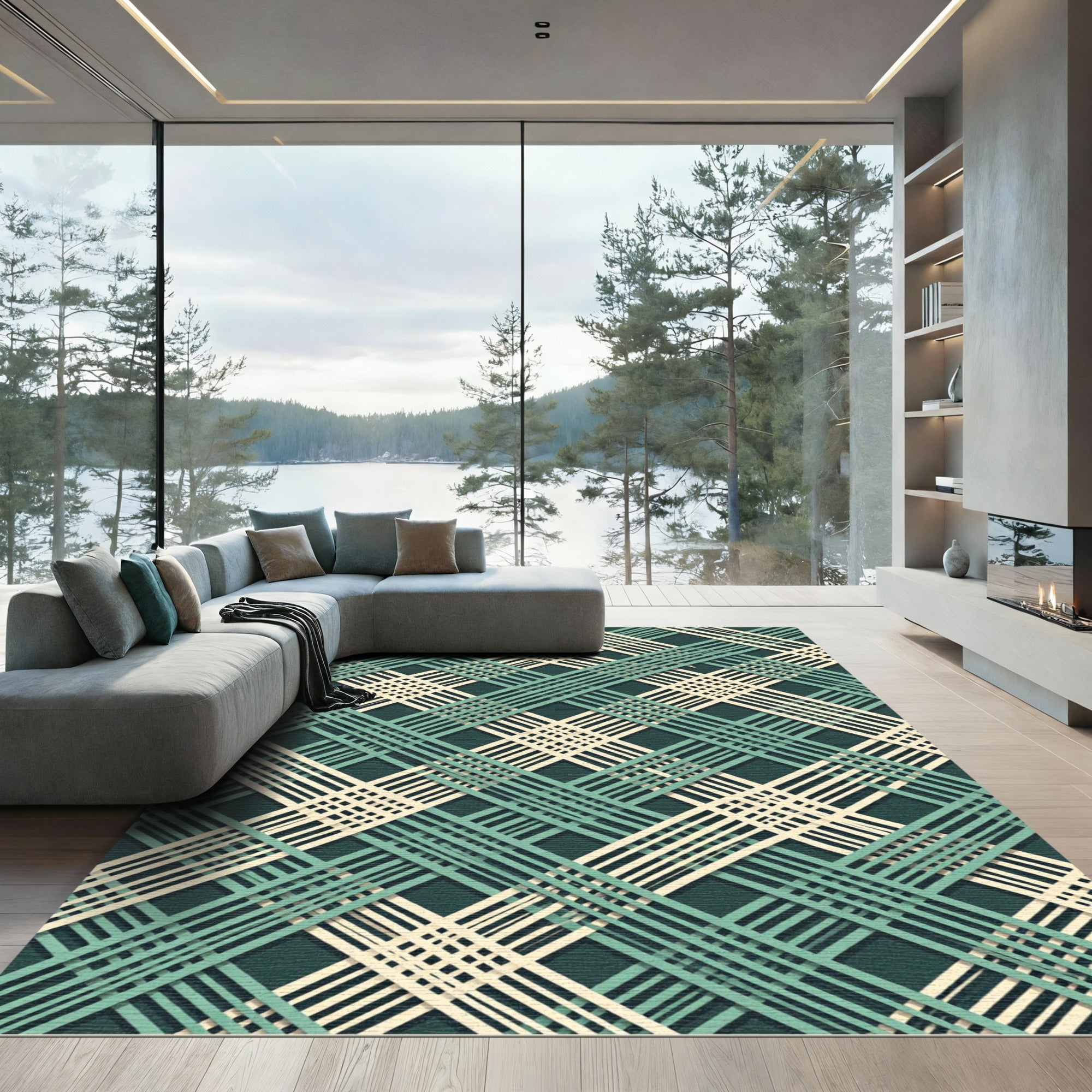 Sage and Cream Interwoven Geometric Lattice Rug